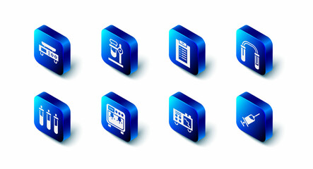 Set Test tube flask on stand, Clinical record, Syringe, Spectrometer, Biosafety box, Reagent bottle and Electronic scales icon. Vector