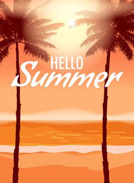 Hello Summer party poster design template, flyer. Summertime beach background with palms