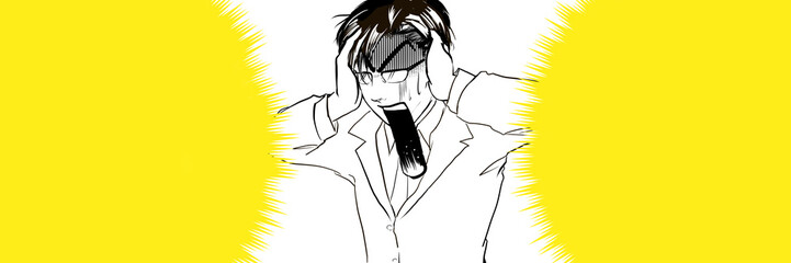 漫画黒髪イケメンメガネ会社員絶体絶命大ピンチで頭を抱え絶叫するイラスト	
