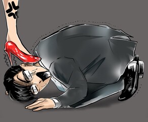 イケメンメガネ会社員土下座謝罪するも赤いハイヒールで踏まれるカラー漫画イラスト