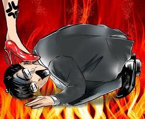 イケメンメガネ会社員土下座謝罪するもハイヒールで踏まれるカラー漫画イラストとメラメラ燃える炎の背景