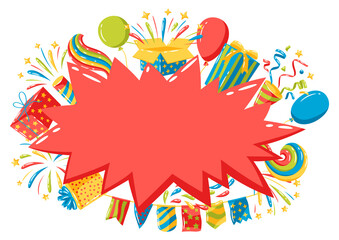 Background with holiday decoration items. Color objects for celebration and anniversary.