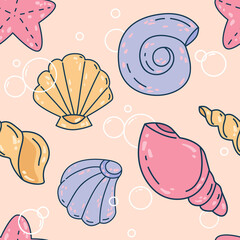 summer beach concept. seamless pattern seashell colorful icons and bubbles