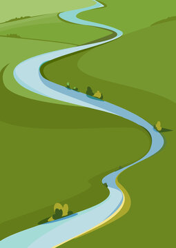 Landscape with river and green meadows. Natural scenery in vertical format.