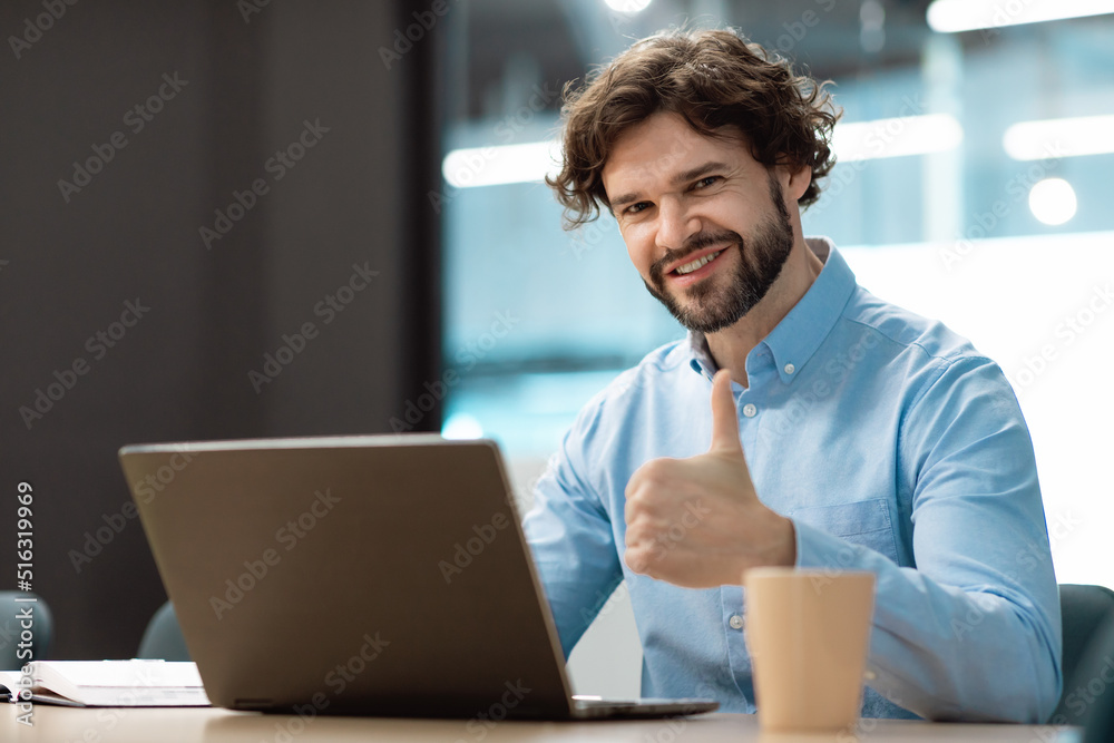 Poster portrait of happy businessman sitting at desk, using laptop computer and showing thumb up gesture, w