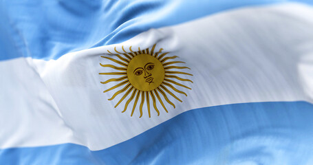 Close-up view of the national flag of the Argentine Republic - obrazy, fototapety, plakaty