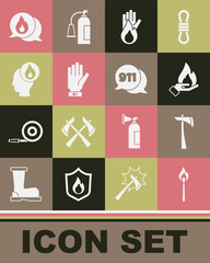 Set Burning match with fire, Firefighter axe, Hand holding, No, gloves, Telephone call 911 and icon. Vector