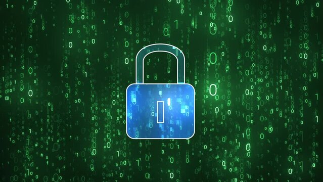 Lock Cyber Security Key in Matrix Binary Code Random Number Falling Background