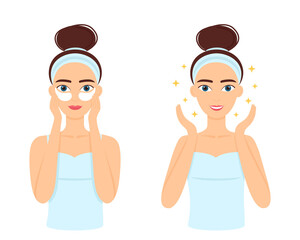 Young woman care her skin around eyes. Beautiful girl with patches under eyes. Vector illustration