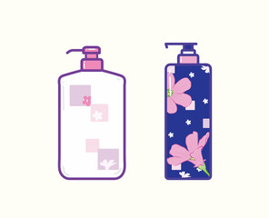Pink and purple liquid beauty bottle container in vector flat illustration