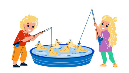 Duck Fishing Little Boy And Girl In Pool Vector. Preschooler Children Toy Duck Fishing With Rod In Basin. Characters Enjoying Amusement Park Or Fair Attraction Flat Cartoon Illustration