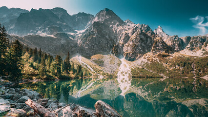 Tatra National Park, Poland. Famous Mountains Lake Morskie Oko Or Sea Eye Lake In Summer Morning. Five Lakes Valley. Beautiful Scenic View. European Nature. UNESCO's World Network of Biosphere