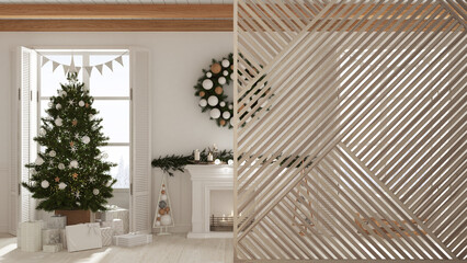 Wooden panel close-up, Christmas living room with tree and fireplace, panoramic windows on winter landscape. Minimalist zen interior design concept idea, classic interior design