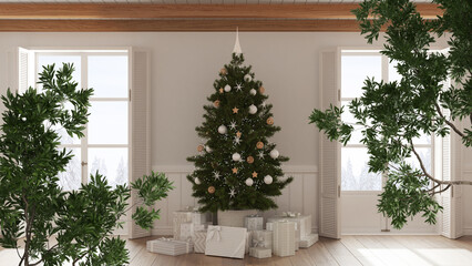 Green summer or spring leaves, tree branch over interior design scene. Natural ecology concept idea. Christmas living room with tree and fireplace, windows on winter landscape