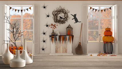 Wooden table top or shelf with minimalistic modern vases over Halloween living room with fireplace and autumnal landscape, parquet, white minimal interior design