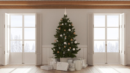 Christmas interior design, living room with parquet floor in white tones, wooden beam ceiling and panoramic windows on winter landscape. Party decorations, contemporary style