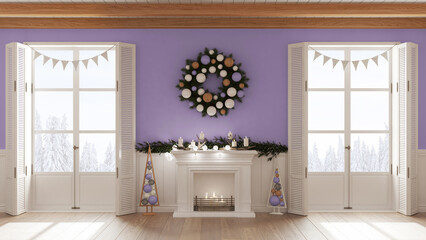 Christmas interior design, living room with fireplace in white and purple tones, wooden beam ceiling and panoramic windows on winter landscape. Party decorations, contemporary style
