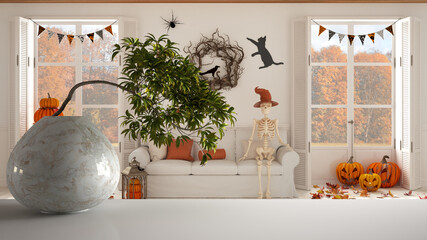 White mat table shelf with round marble vase and potted bonsai, green leaves, over Halloween autumnal living room with fireplace, interior design, clean architecture concept idea