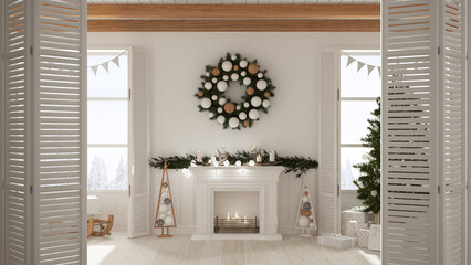 White folding door opening on Christmas living room with tree and fireplace, panoramic windows on winter landscape, modern interior design, architect designer concept