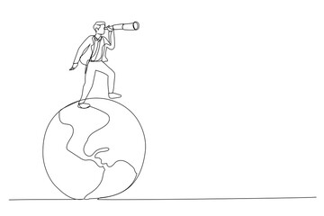 Illustration of businessman standing on planet earth globe using telescope search new opportunity. Globalization, global business vision. One line art style