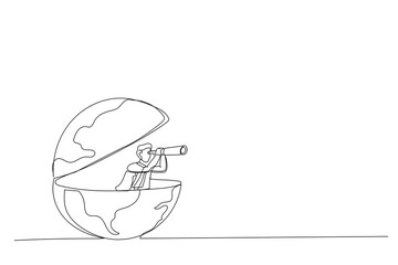 Cartoon of businessman open globe using telescope looking for vision to new opportunity. Work or investment, searching for oversea business concept. Single continuous line art style