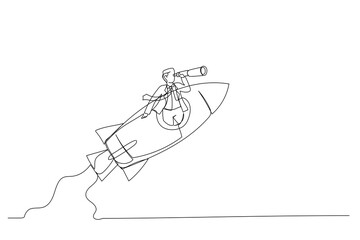 Drawing of businessman manager open rocket window using telescope looking forward. Entrepreneurship, leadership to see future vision. Single continuous line art