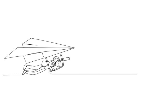 Cartoon of businessman flying paper airplane origami as glider with telescope to see future. Future forecast or discover new idea and inspiration concept. Single continuous line art style
