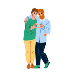 Gay Couple Embracing And Showing Heart Vector. Happiness Young Men Gay Couple Embrace And Enjoying Love Togetherness. Sensual Characters Guys Lovely Relationship Flat Cartoon Illustration