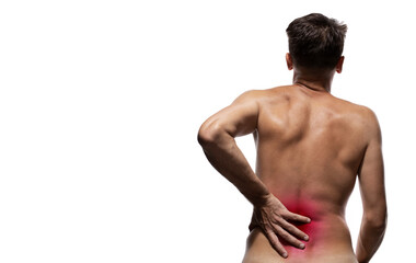 Lower back pain, man with back pain in lumbar area