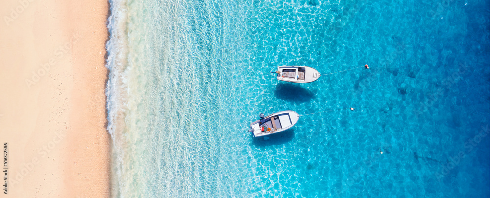Wall mural mediterranean sea. seascape with boats. aerial view of floating boat on blue sea at sunny day. top v