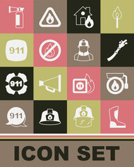 Set Fire boots, Ringing alarm bell, hose reel, burning house, No fire, Emergency call 911, extinguisher and Firefighter icon. Vector