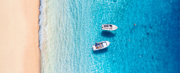 Mediterranean sea. Seascape with boats. Aerial view of floating boat on blue sea at sunny day. Top...
