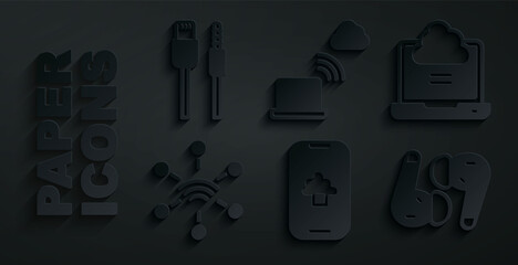 Set Cloud technology data, Network cloud connection, Air headphones, and USB cable cord icon. Vector