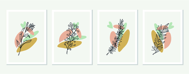 Botanical wall art vector set. Foliage line drawing with abstract shape. Abstract Plant Art Design for Print, Cover, Wallpaper, Minimal and Natural Wall Art. Vector illustration.
