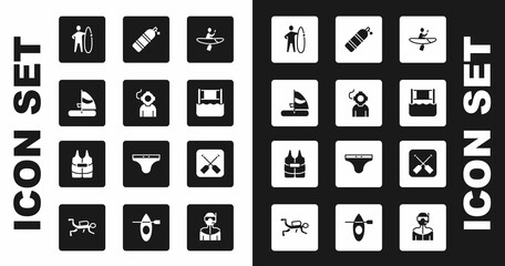 Set Kayak and paddle, Aqualung, Windsurfing, Surfboard, Water volleyball net, Paddle and Life jacket icon. Vector