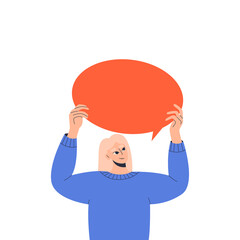 Woman holding blank speech bubble above his head, inspiration, idea. Customer feedback, testimonial, online survey, communication, chat. Social network dialogue. User satisfaction. Flat illustration.