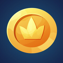 Cartoon golden coin game asset with crown, icon design shiny in cartoon style isolated. Medal, money or bonus.