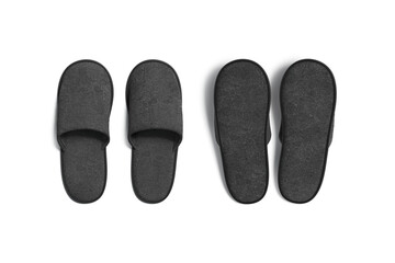 Blank black home slippers mockup, top view, front and back