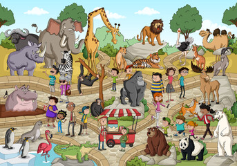 Zoo with cartoon animals and people. Animals and visitors at the zoo.
- 516323916