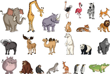 Big group of cartoon animals.  Vector illustration of funny happy animals.- 516323920