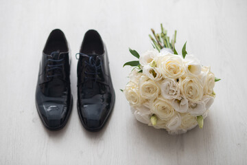 wedding shoes and bouquet