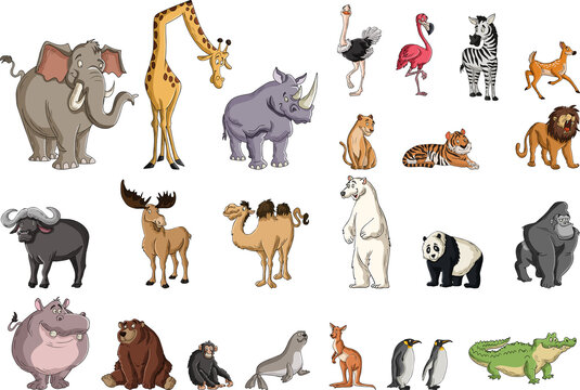 Big group of cartoon animals.  Vector illustration of funny happy animals.

