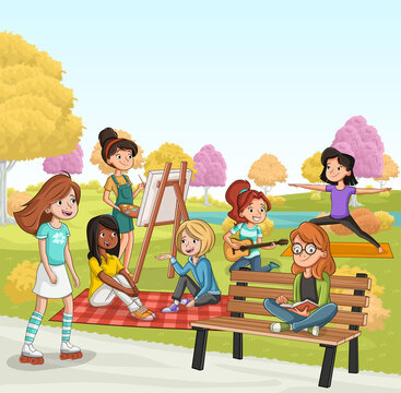 Group of cartoon teenager girls in the park with grass and trees. Nature landscape.

