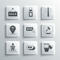 Set Bid, Auction ancient vase, hammer, auctioneer sells, Price tag with Sale and Hand holding paddle icon. Vector