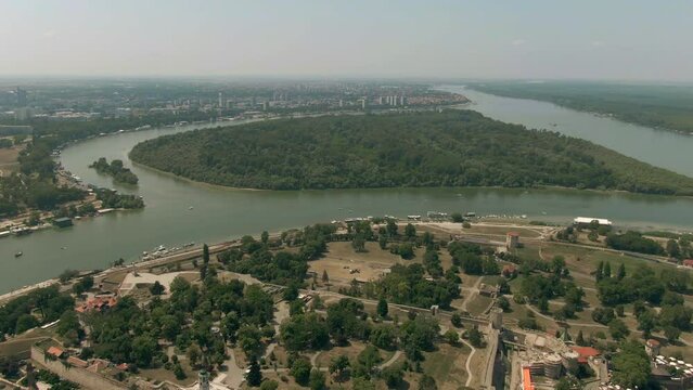 Aerial view of the Great War Island or Veliko ratno ostrvo at the confluence of Sava and Danube rivers in Belgrade, Serbia