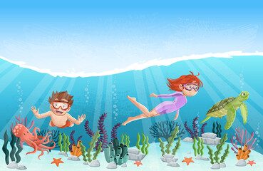 Cartoon children swimming with octopus and turtle under the sea. Underwater world with corals.
