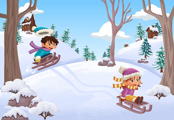 Cartoon children sledding in the park with snow. Kids on sleigh. Winter nature landscape.
- 516324571