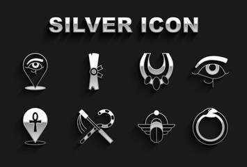 Set Crook and flail, Eye of Horus, Magic symbol Ouroboros, Egyptian Scarab, Cross ankh, necklace, and Papyrus scroll icon. Vector
