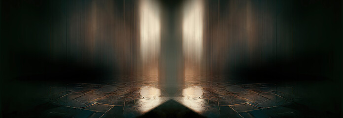 Abstract modern dark background with rays and lines. Dark empty scene. Night abstract background with golden light. Neon light, symmetric reflection. Gold luxury background. 3D illustration. 