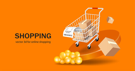 Place receipt paper on the edge of a shopping cart with multiple parcel boxes and all floating in mid-air above round podium,vector 3d isolated on orange background for shopping promotion sale design